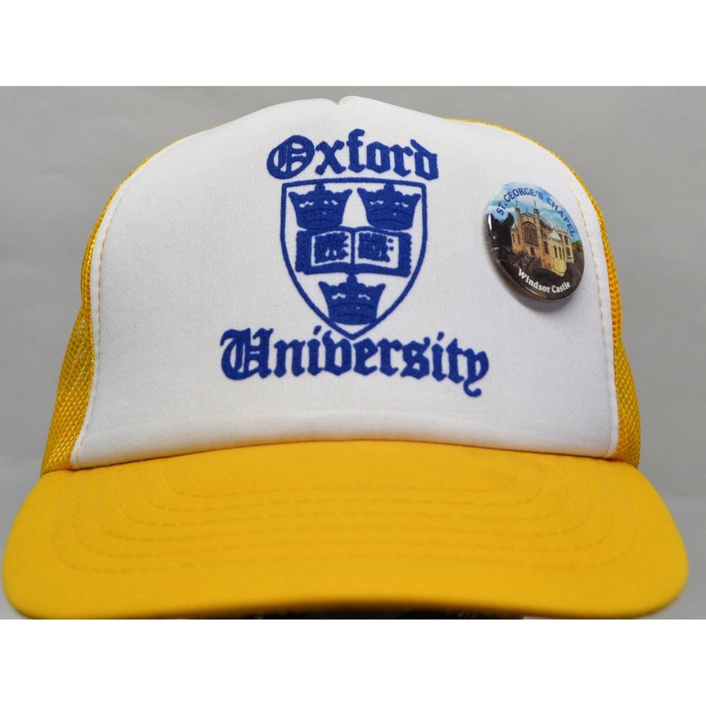 Vintage Oxford University Logo Polyester Yellow Trucker Hat Yupoong  (A7)
